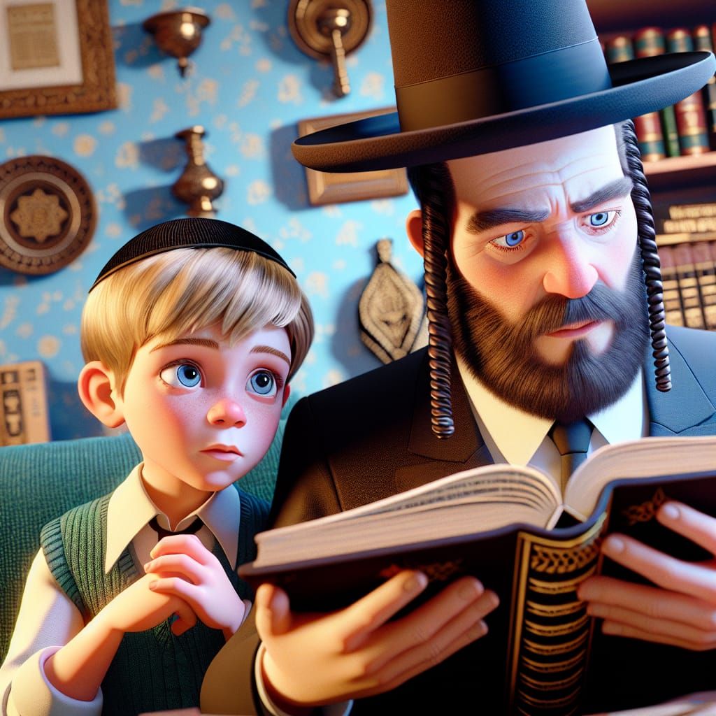 Hasidic Father and Son Studying Torah in Animated Style