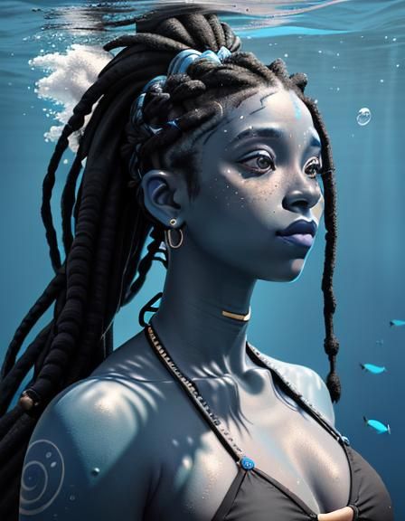 Blue Woman with Dreadlocks Underwater, Graffiti Art