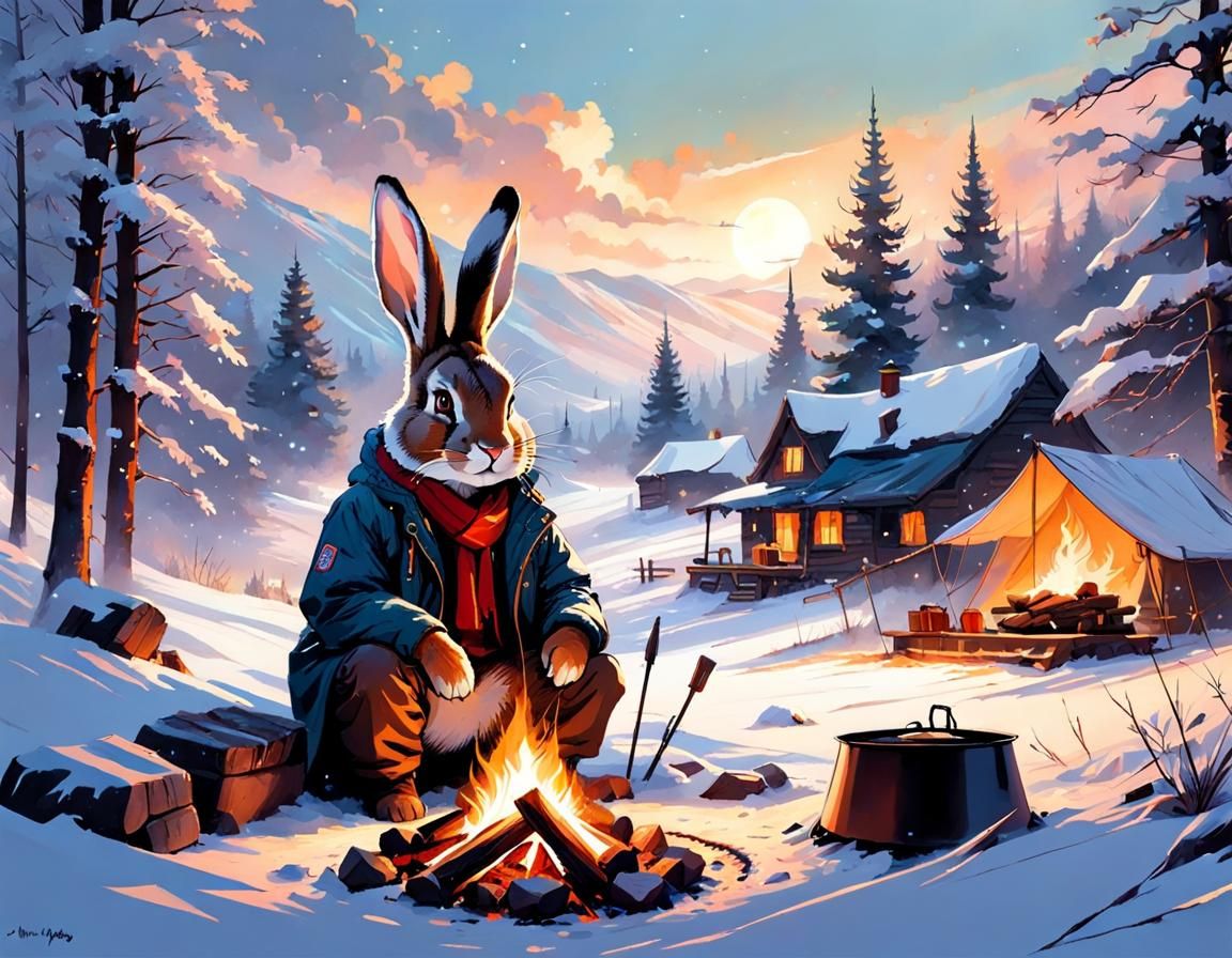 Rabbit sitting at campfire (Mysterious XL v4)