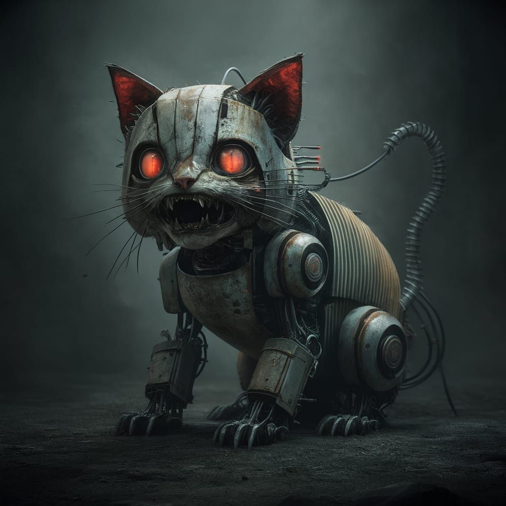 Cybernetic Kitten: Rusting Metal Monstrosity in Gloom