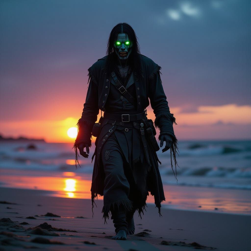 Undead Sailor on Dark Beach in Hyperrealistic Style