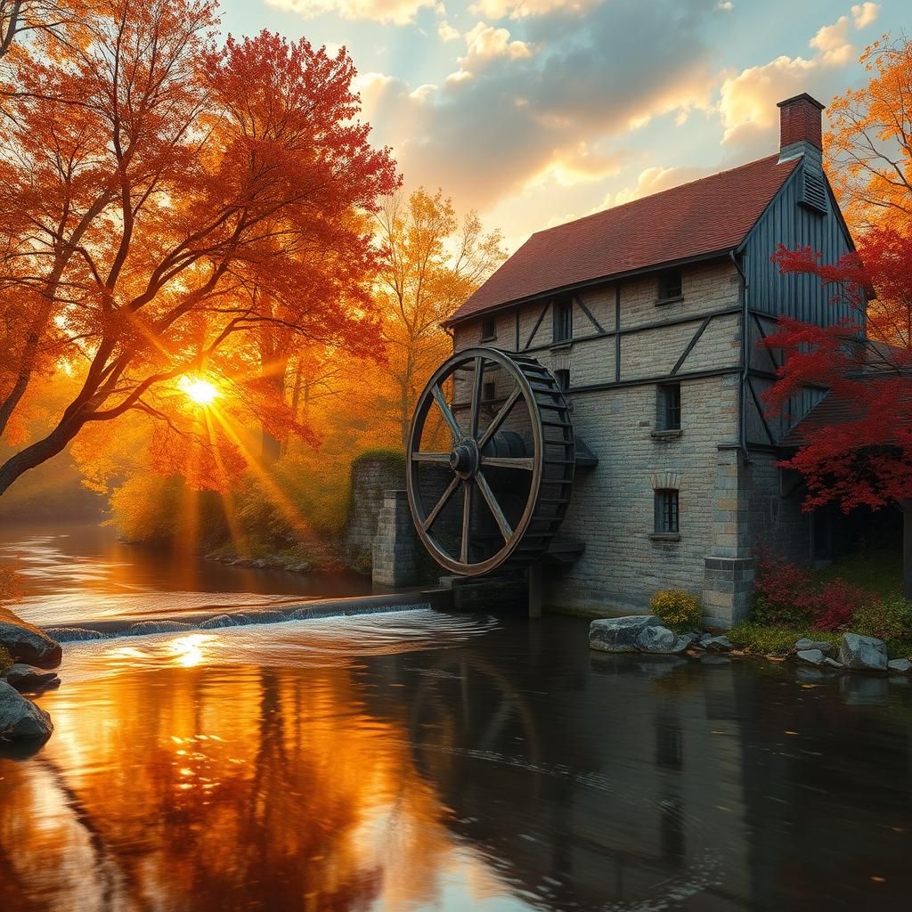 Medieval Mill at Sunset in Impressionist Style