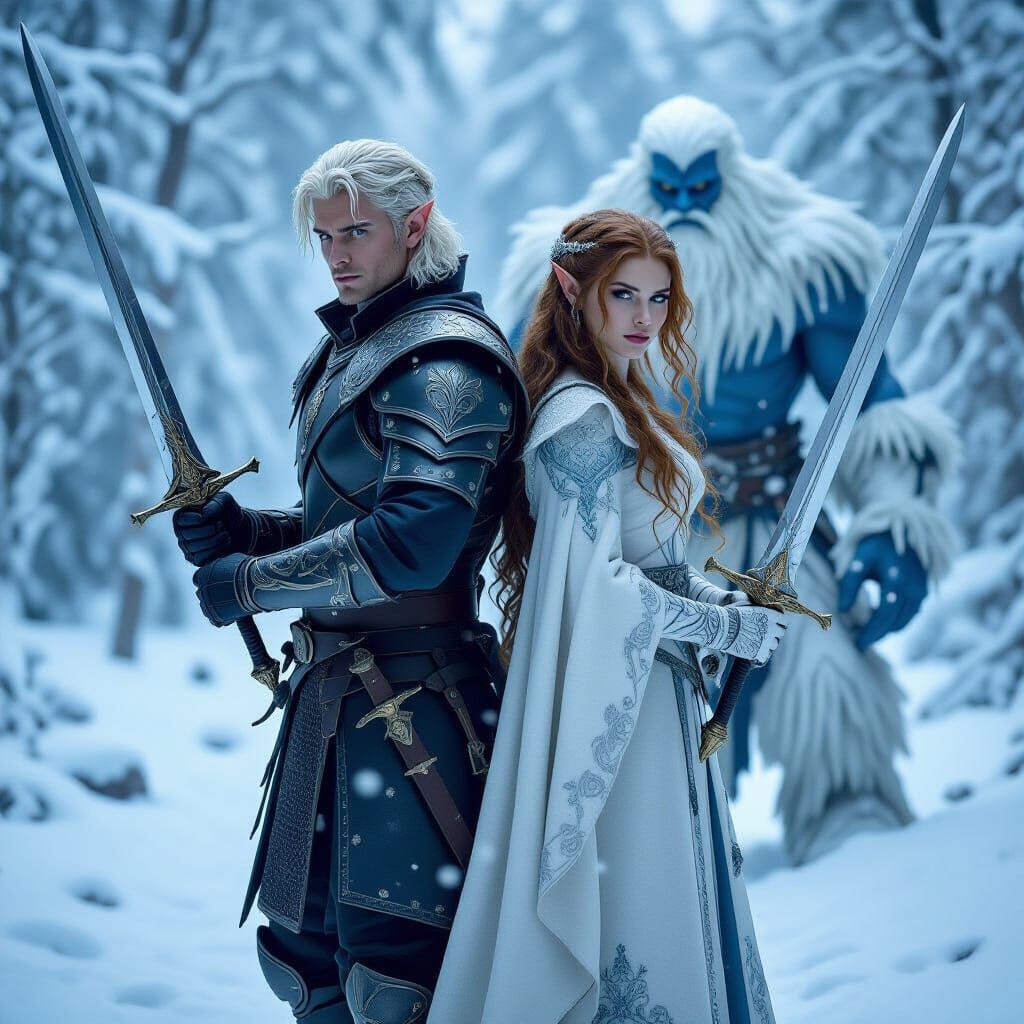 Elven Knight and Ice Sorceress Defend Forest
