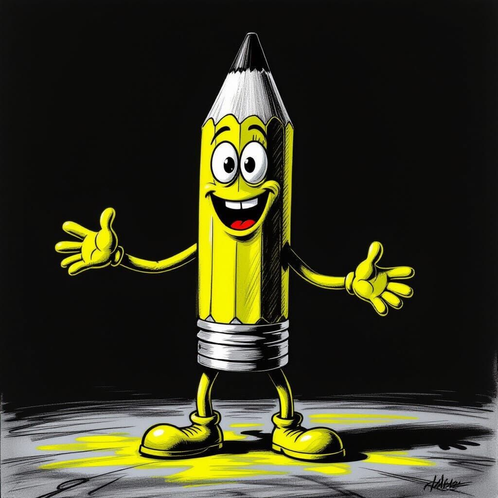 Neon Pencil Character in Charcoal Drawing Style