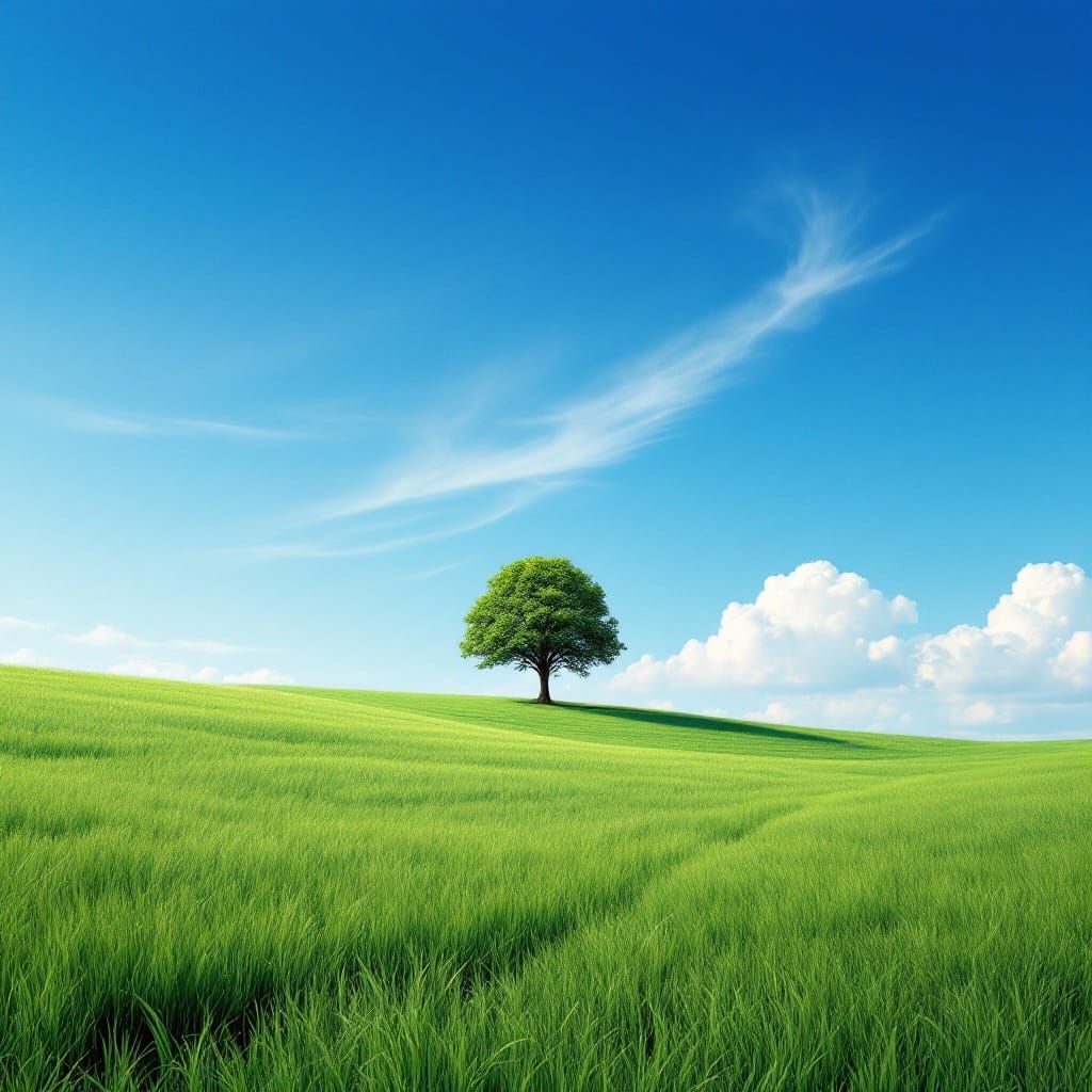 Majestic Tree Stands Tall in Endless Green Prairie Under Bri...