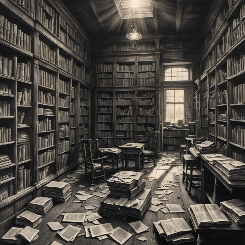 Abandoned Library in Detailed Charcoal Drawing