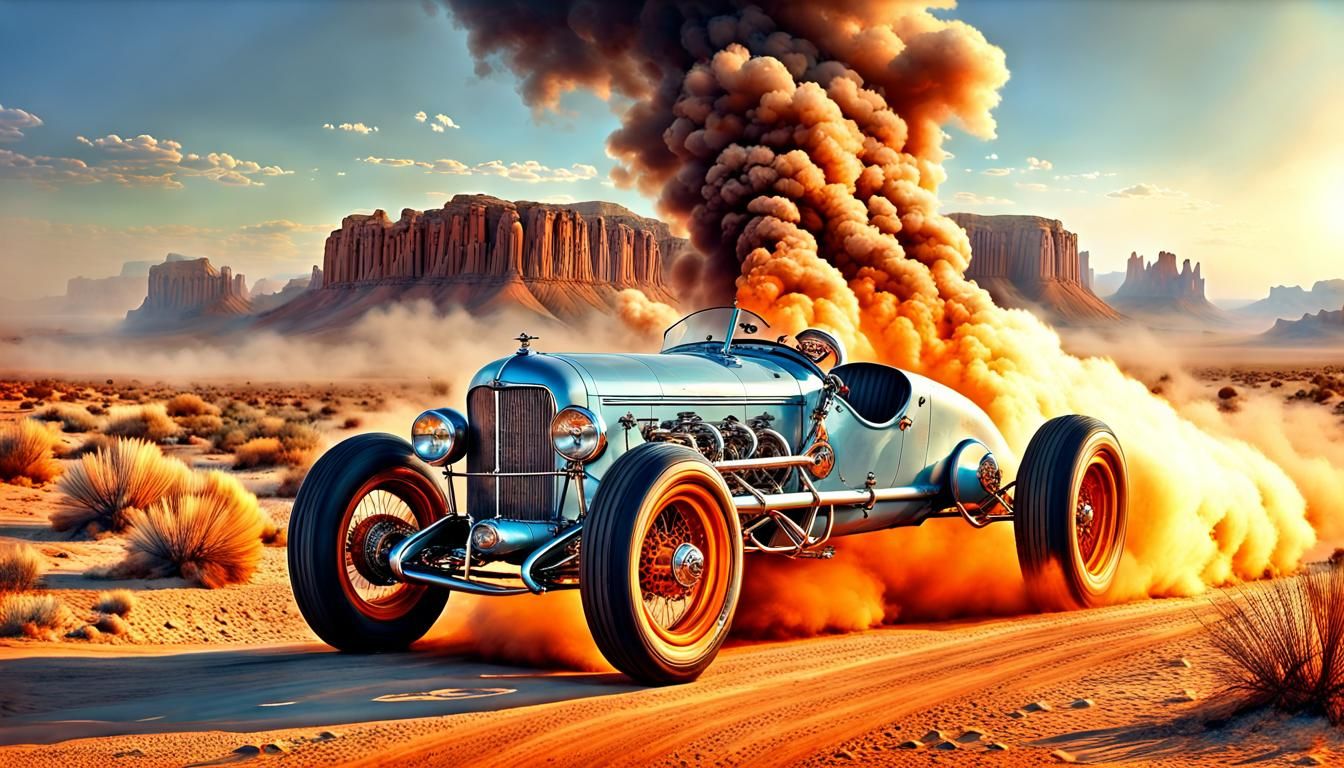 Burning Wheels Hot Rod Racer on Desert Road