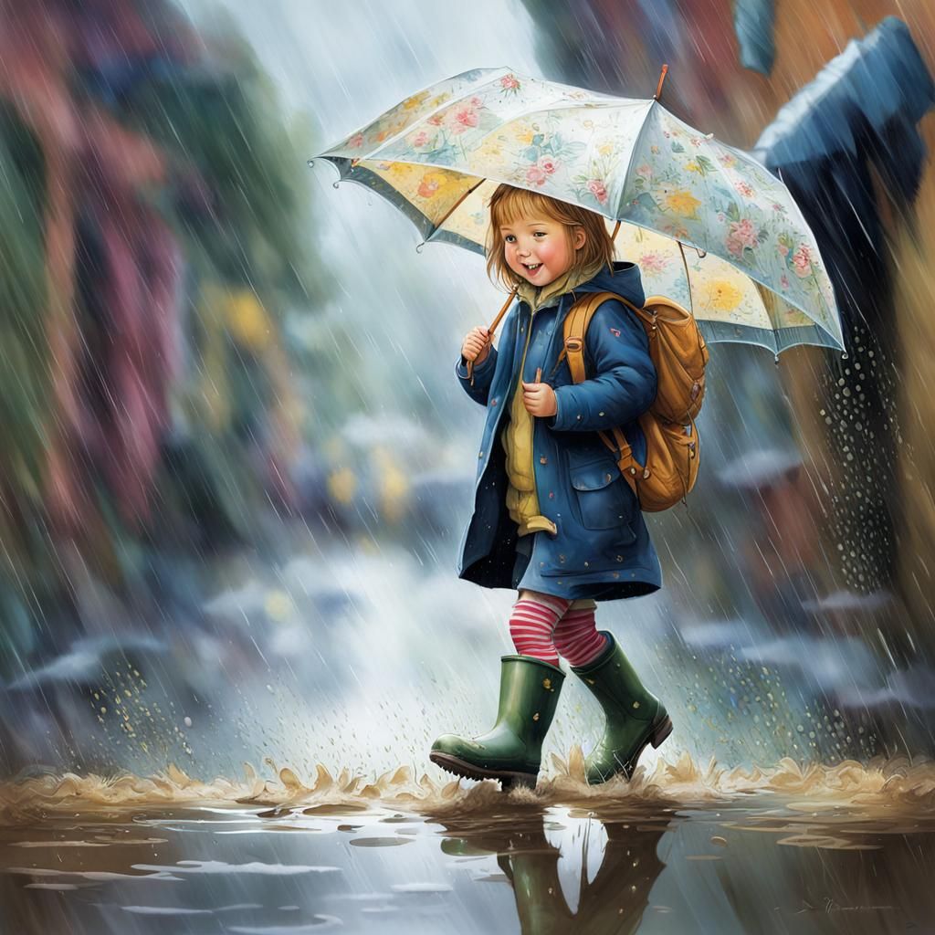 Child in Rain Boots: Hyperrealistic Splash Art