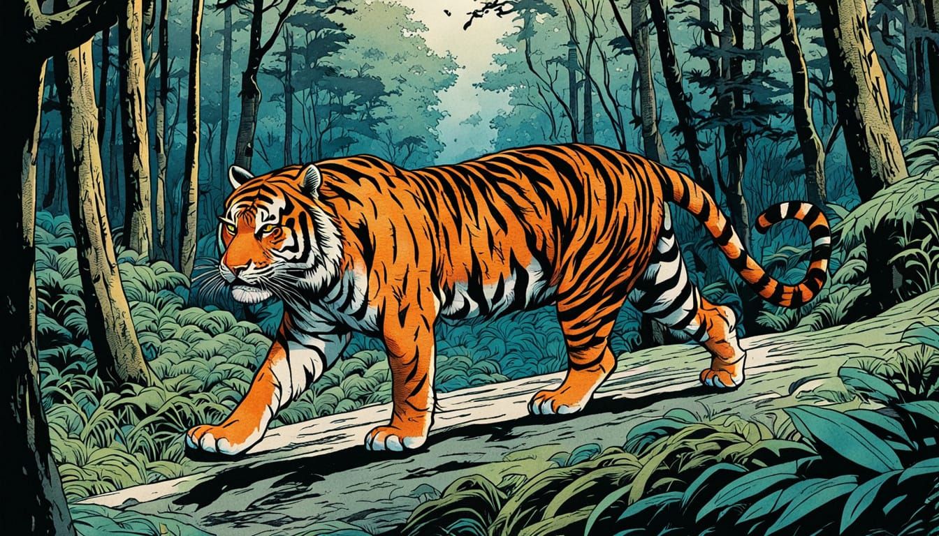 Tiger in Misty Forest: Japanese Woodblock Style