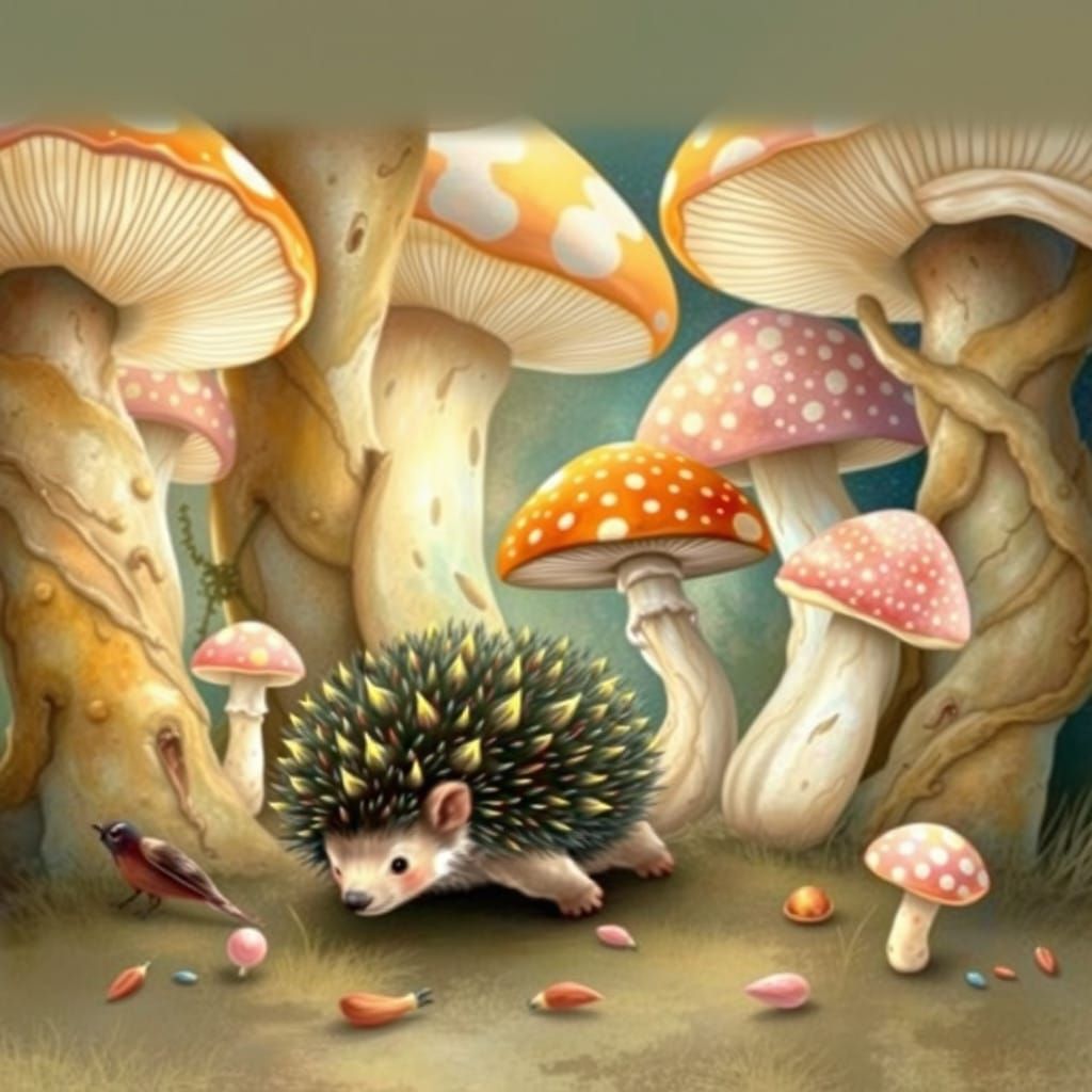 Whimsical Mushroom Grove: Fantasy Creature in Pastel Wonderl...