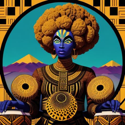 Afro-Surrealist Drums Against Mountain Backdrop