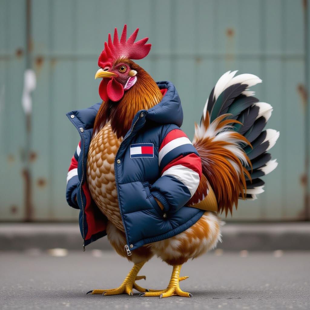 Fierce Chicken in Down Jacket, Surreal Art Style