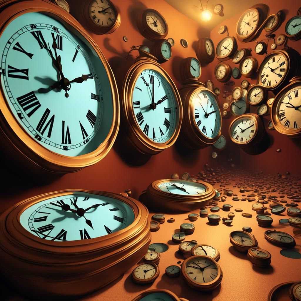 Surreal Room of Distorted Clocks Above Abyss