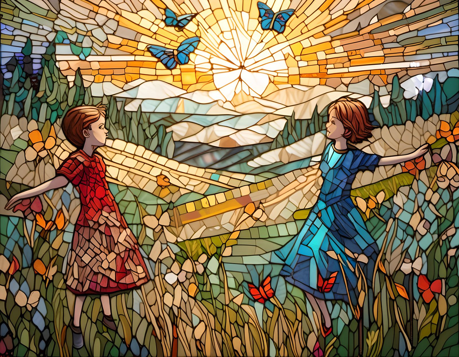 Sunlit Meadow Dance with Stained Glass Elements