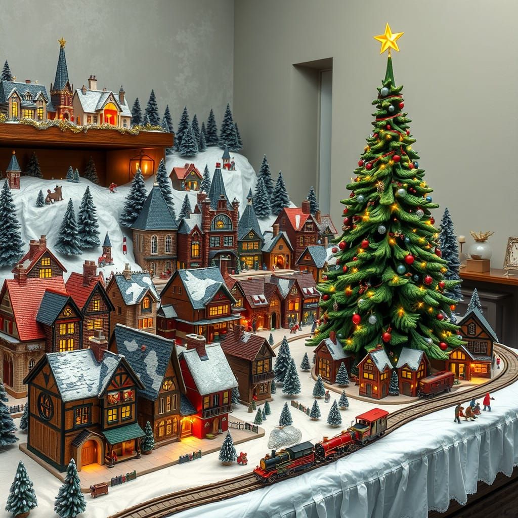 Elaborate Miniature Christmas Village in Gouache