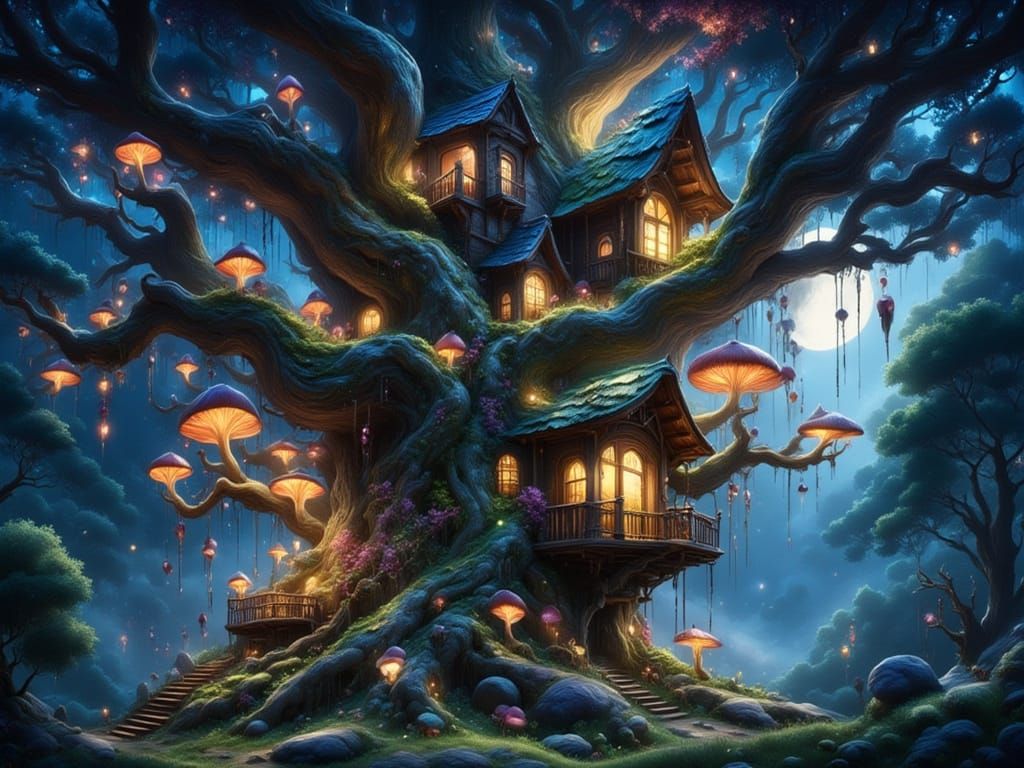 Magical Treehouse in Ancient Oak Forest at Night