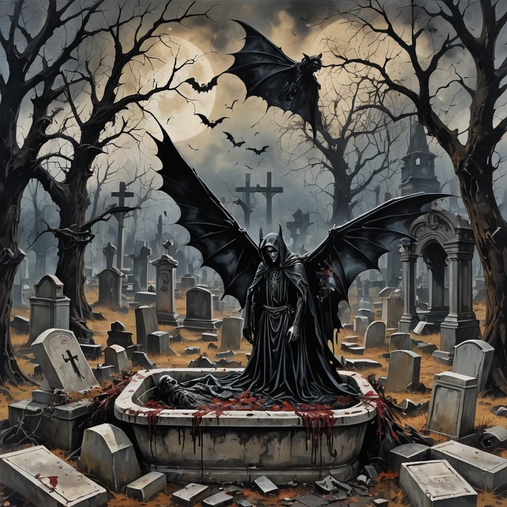 Gothic Angel in Graveyard, Graffiti Street Art