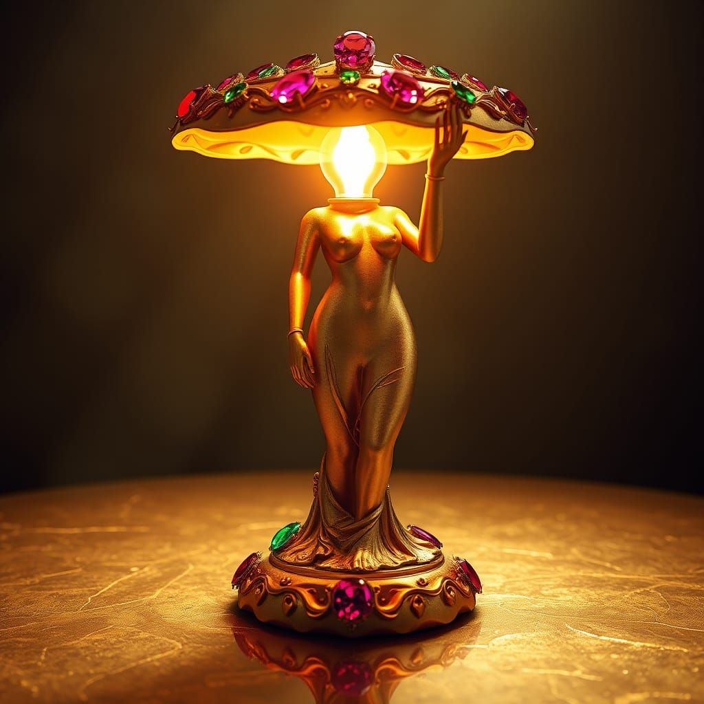 Golden Woman Lamp with Rubies and Emeralds