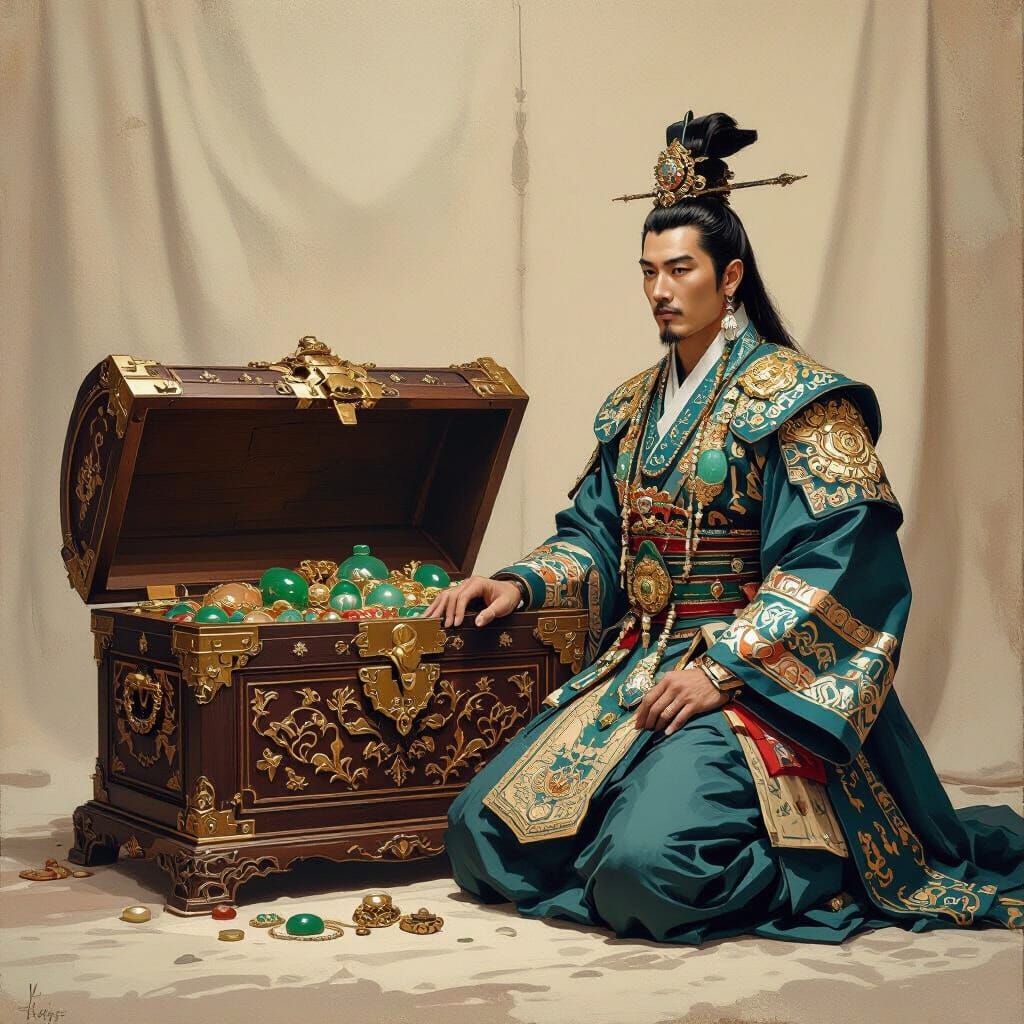 Korean Emperor with Ornate Treasure Chest