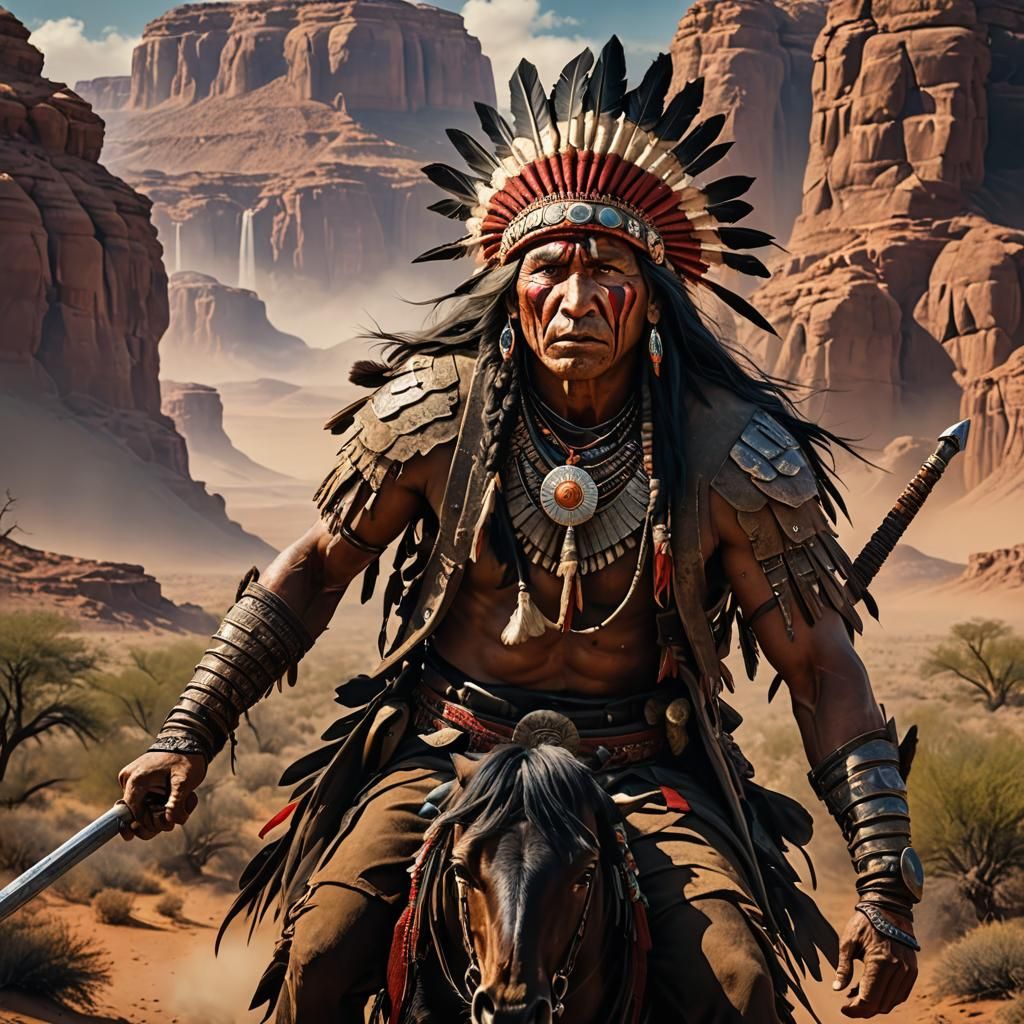 Native American Warrior in Desert Landscape