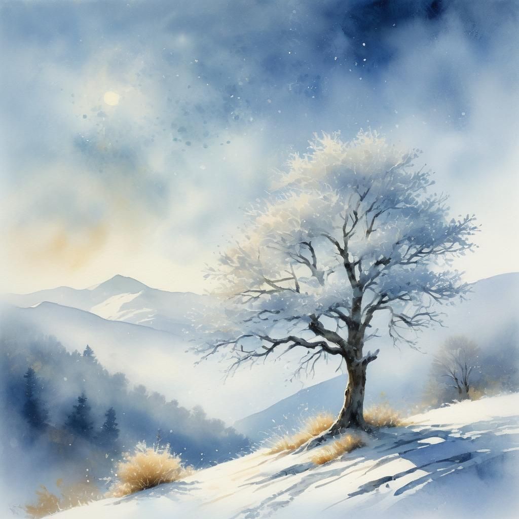 Winter Landscape Painting with Frost-Covered Tree
