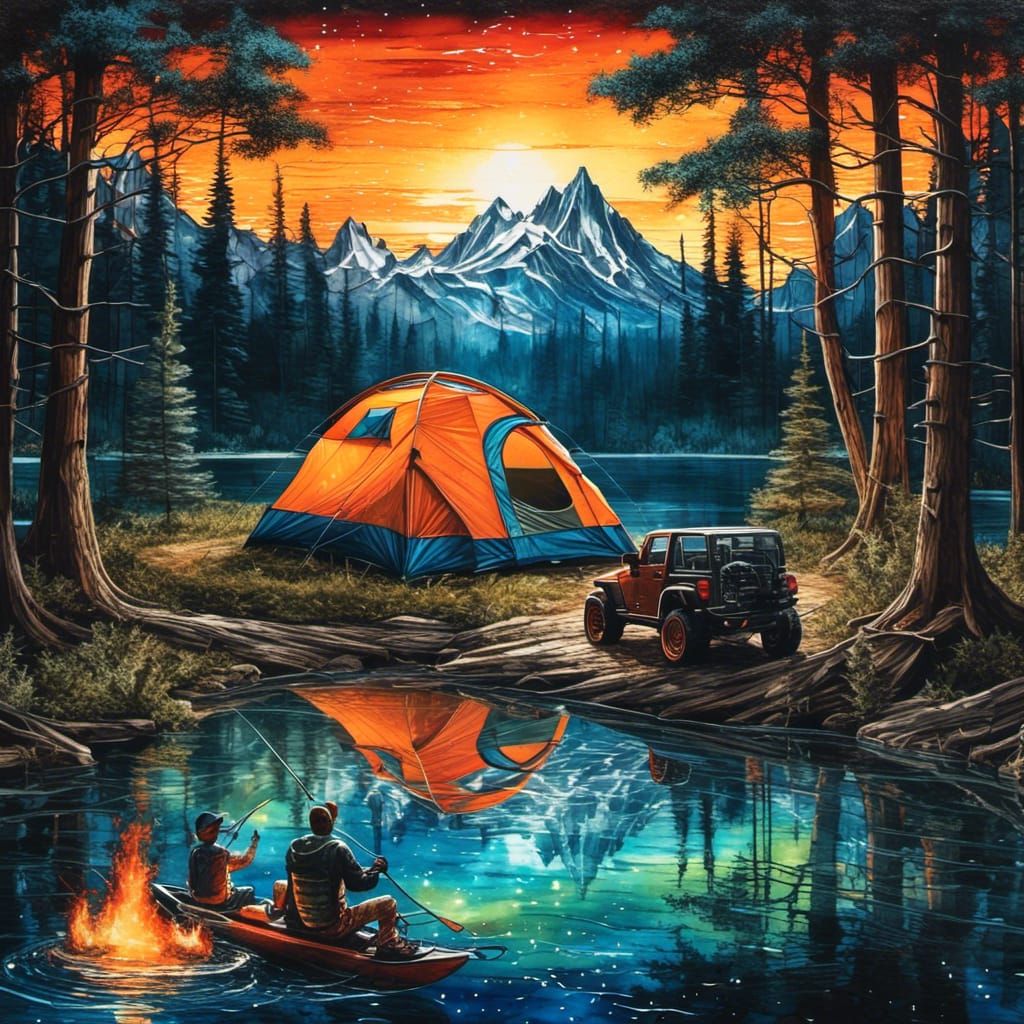 Surreal 3D Camping Scene with Double Exposure