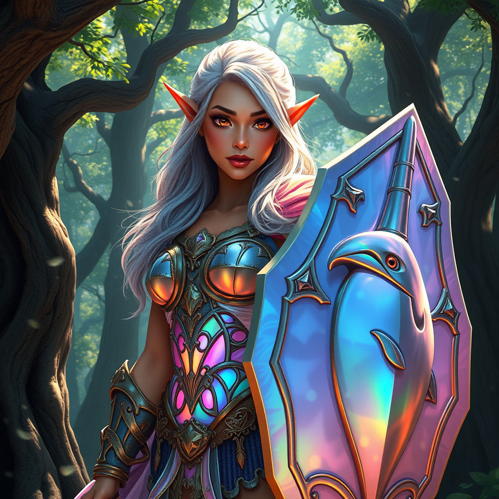 Iridescent Half-Elf Warrior in Mystical Forest