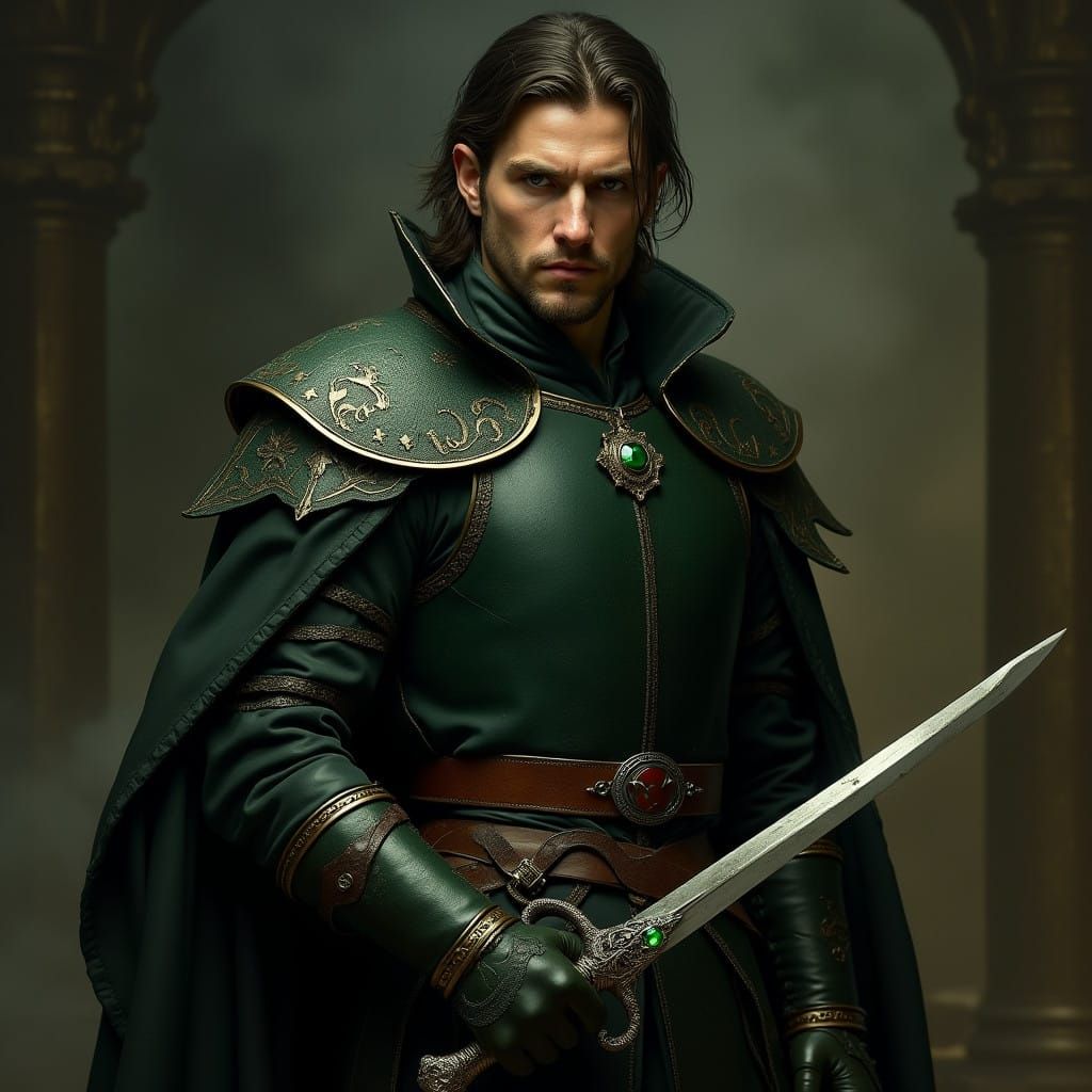 Rogue in Dark Green, with Dagger, in Moody, Atmospheric Styl...