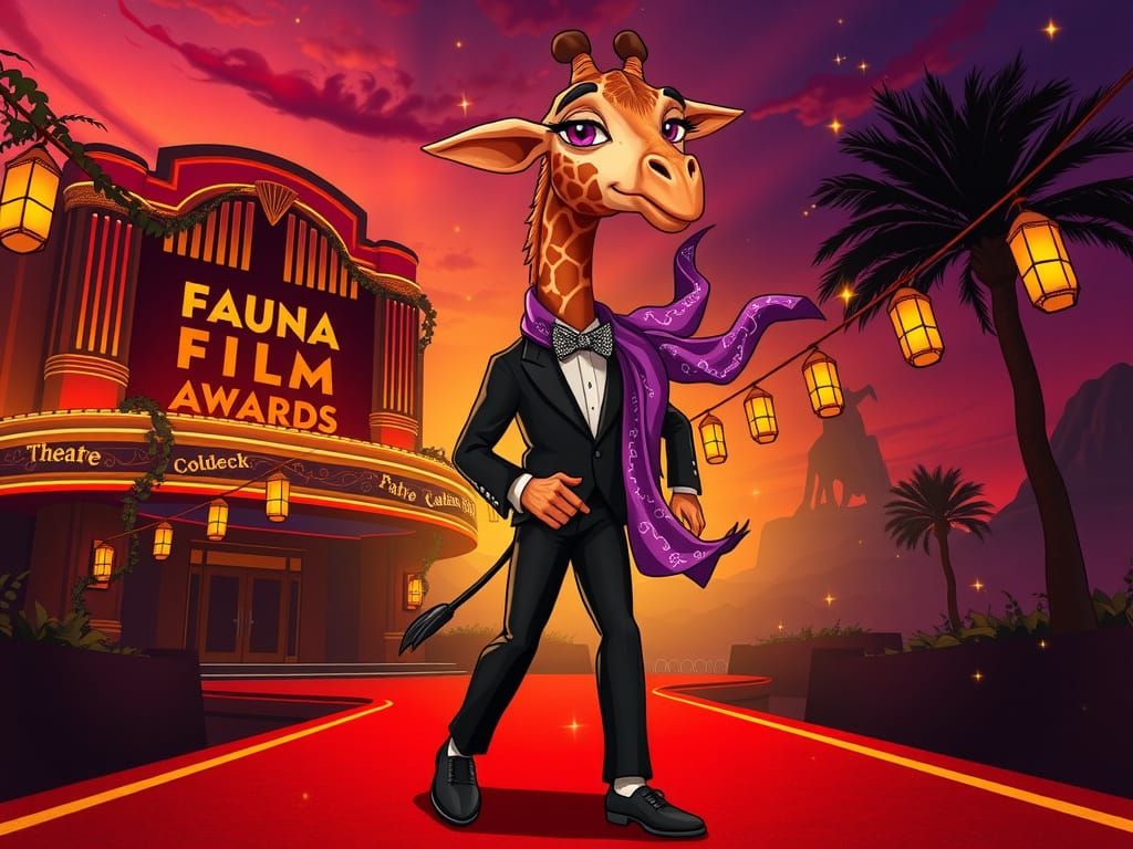 Art Deco Giraffe Strides Down Crimson Carpet at Twilit Fauna...