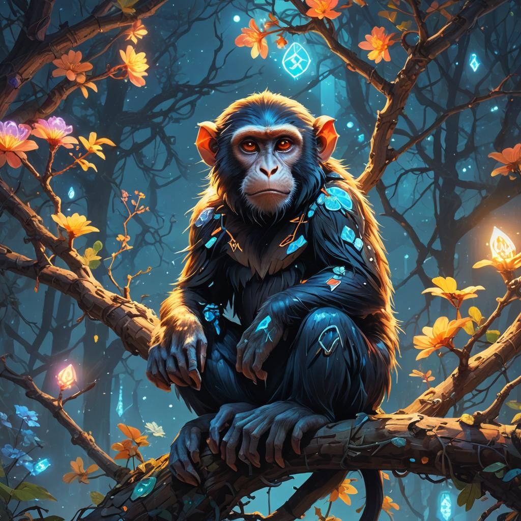 Monkey with Glowing Runes on Mystical Branch
