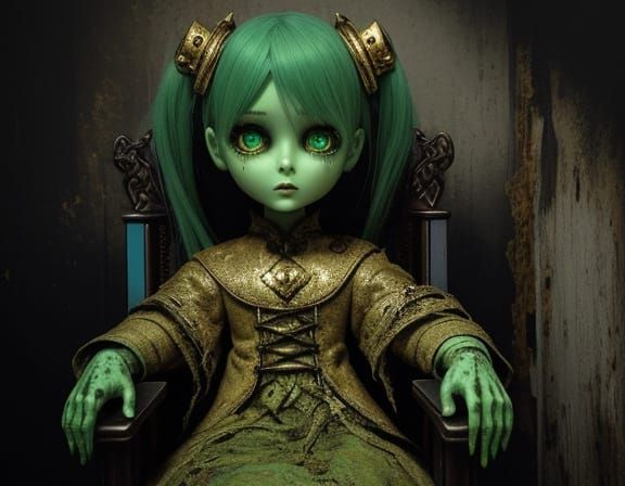 Creepy Doll on Throne in Eerie Dystopian Surrealism