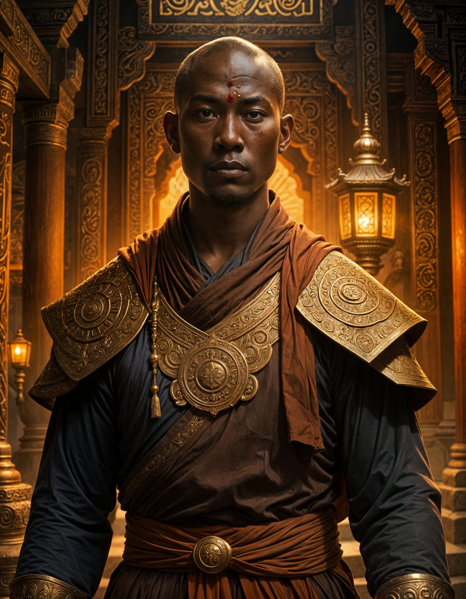 Scarred Warrior Monk in Temple Setting