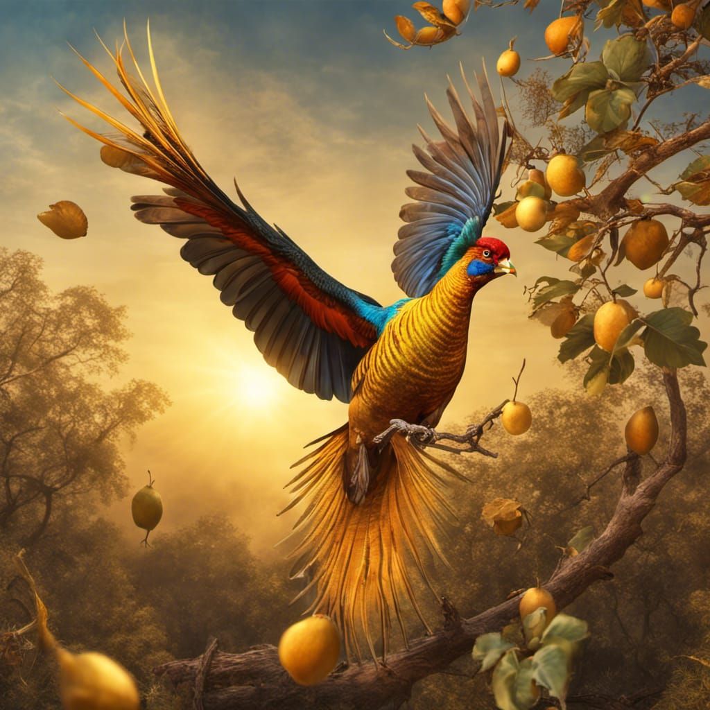 Golden Pheasant Landing in a Fantasy Forest