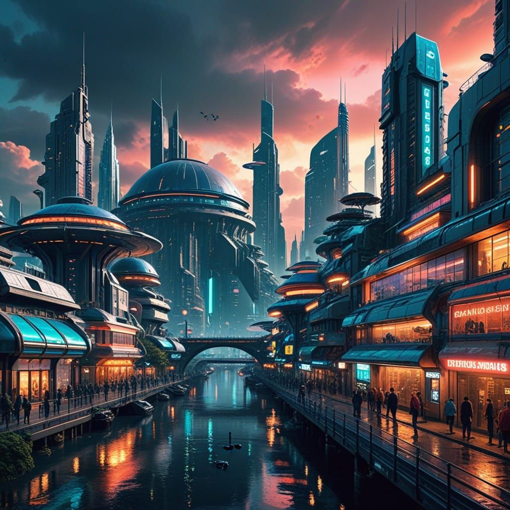 Vibrant Futuristic Metropolis in Retro-Futuristic Aesthetic