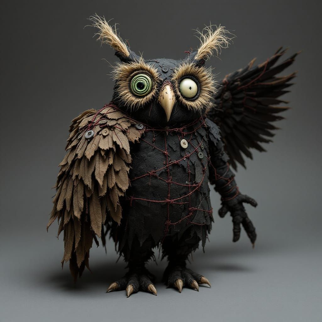 Stitched Stuffed Owl Lurches in Shadow