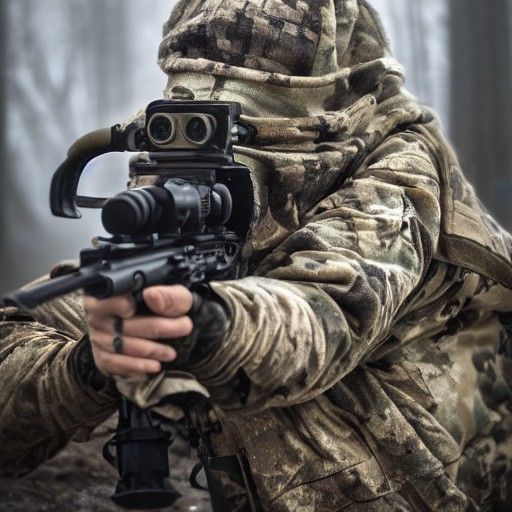 Camouflaged Soldier Aims Rifle in Winter Blizzard