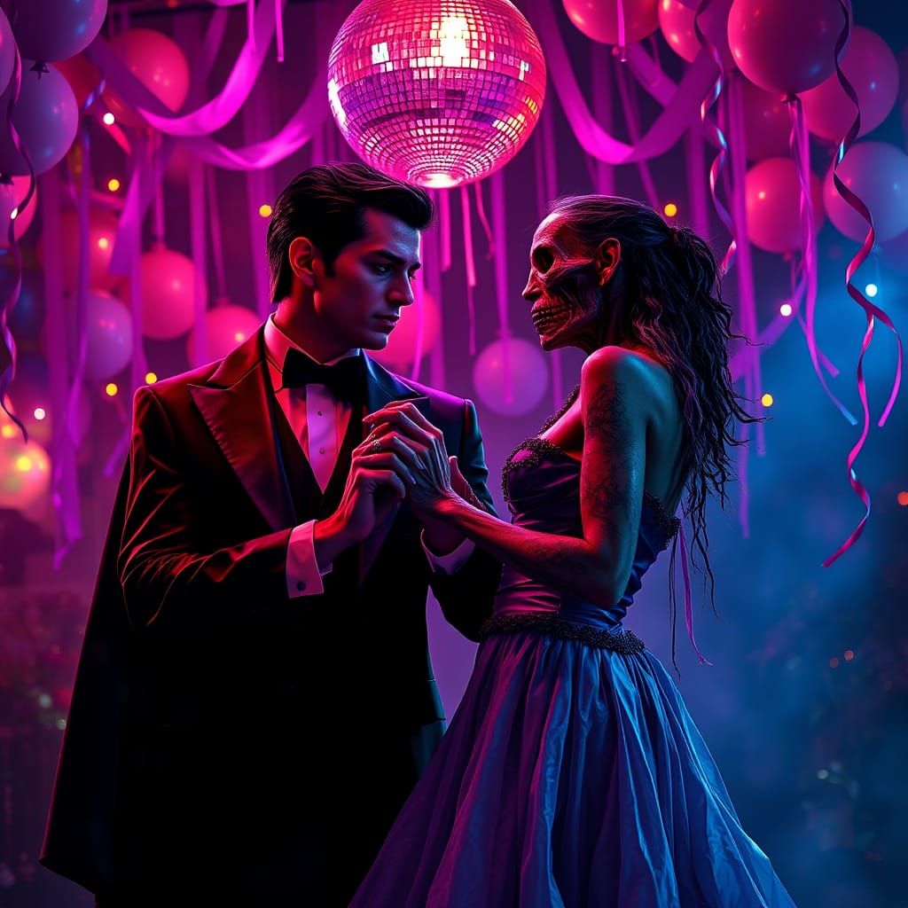 A vampire and a zombie slow dancing