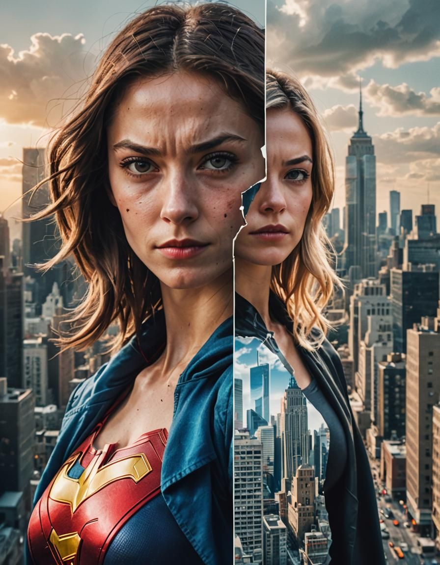Split Portrait: Woman and Superhero Cityscape