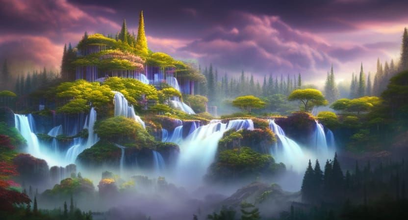 Botanical Garden and Waterfall in Glass Room, Detailed Matte...