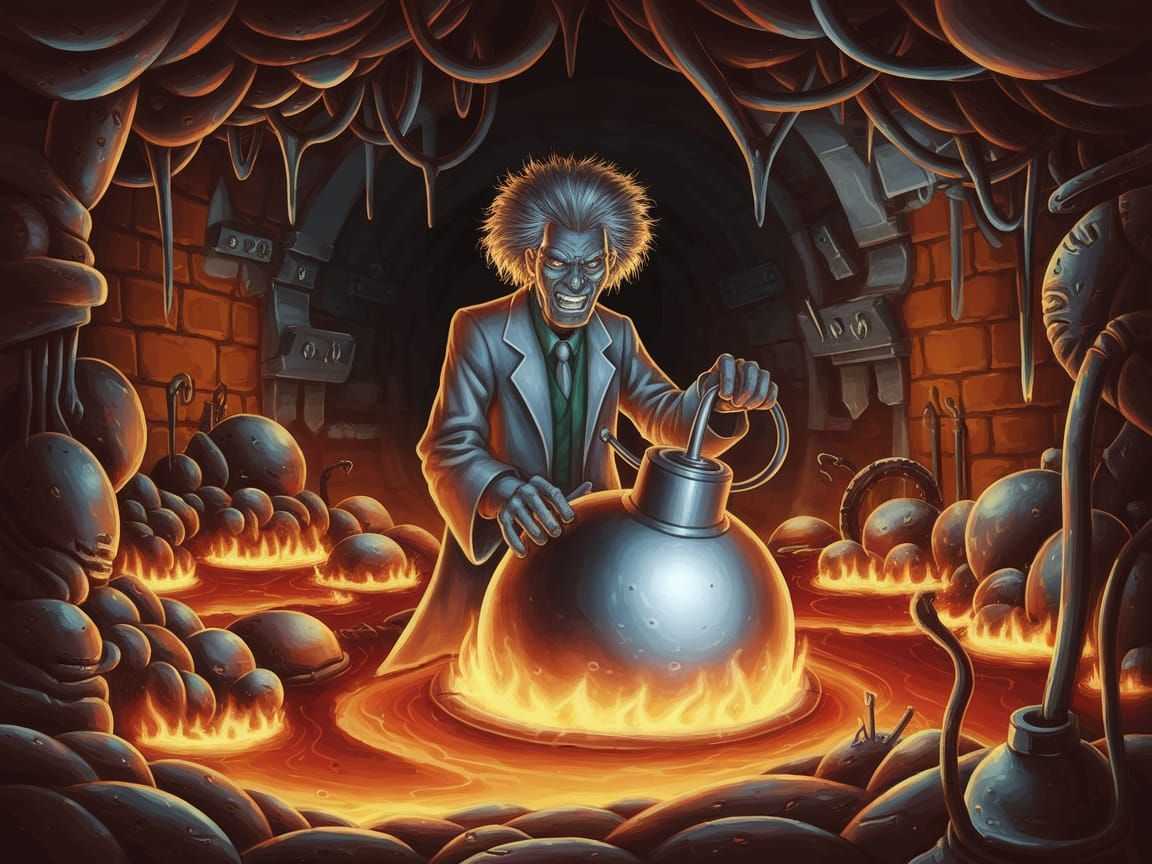 Mad Scientist Conjures Atomic Bomb in Fiery Underworld Labor...