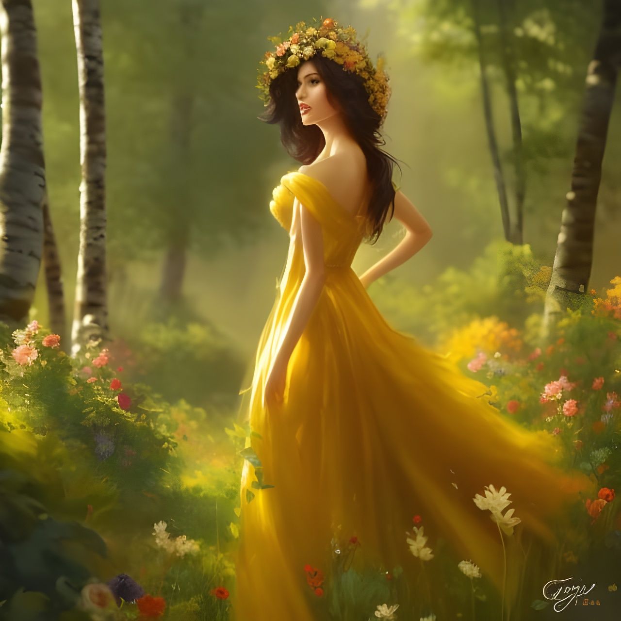 Woman with Flower Dress and Golden Crown