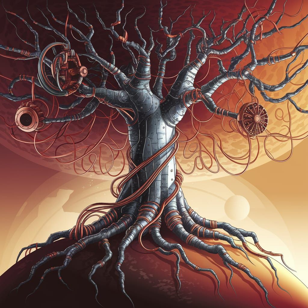 Cybernetic Tree Ascends Planet's Surface in Steampunk Futuri...