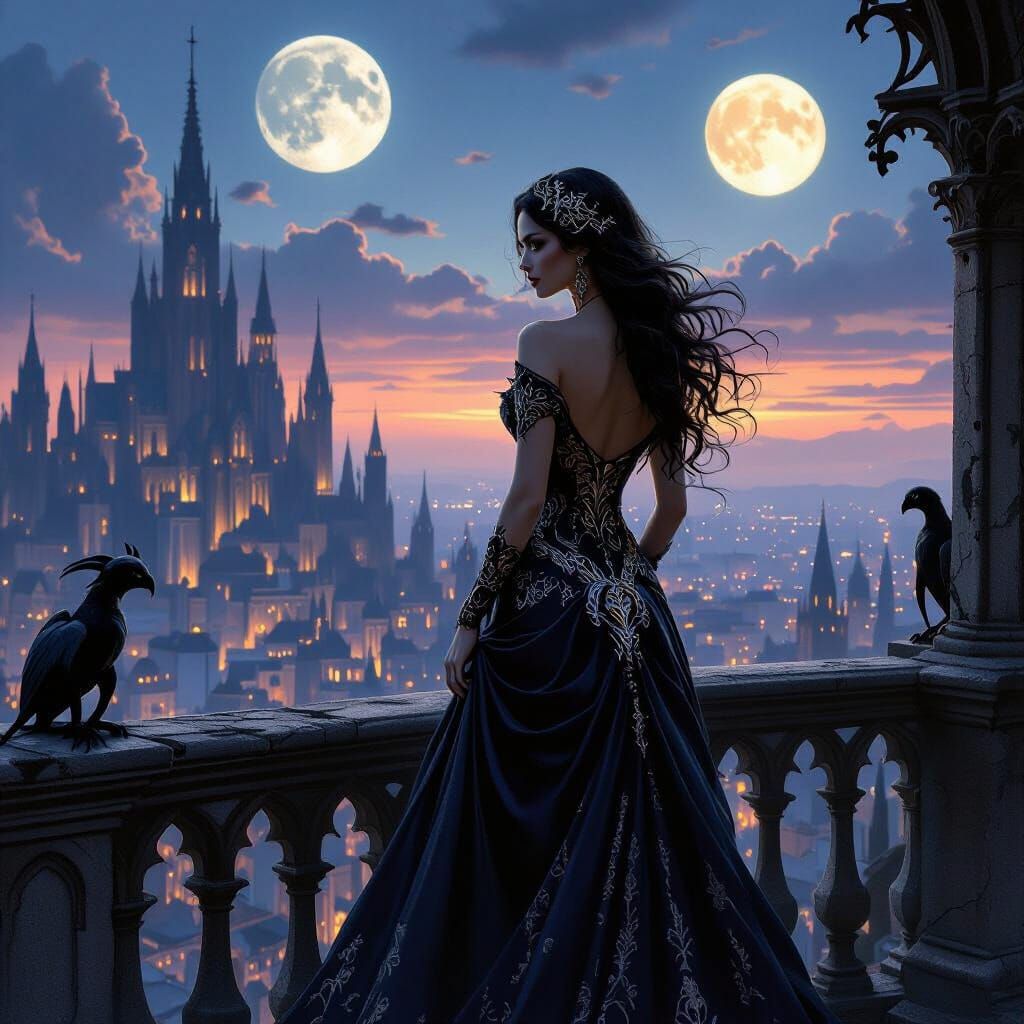 Gothic Woman Overlooking Fantasy Cityscape at Twilight