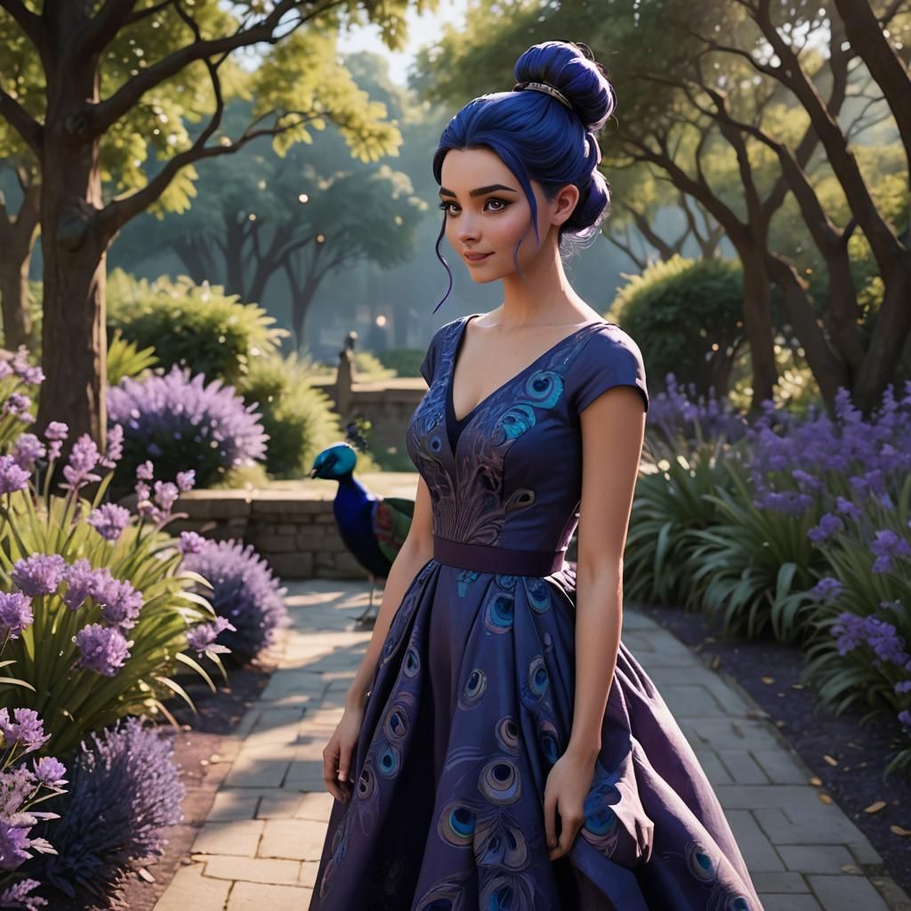 Indigo-Haired Girl in Peacock Dress Cartoon