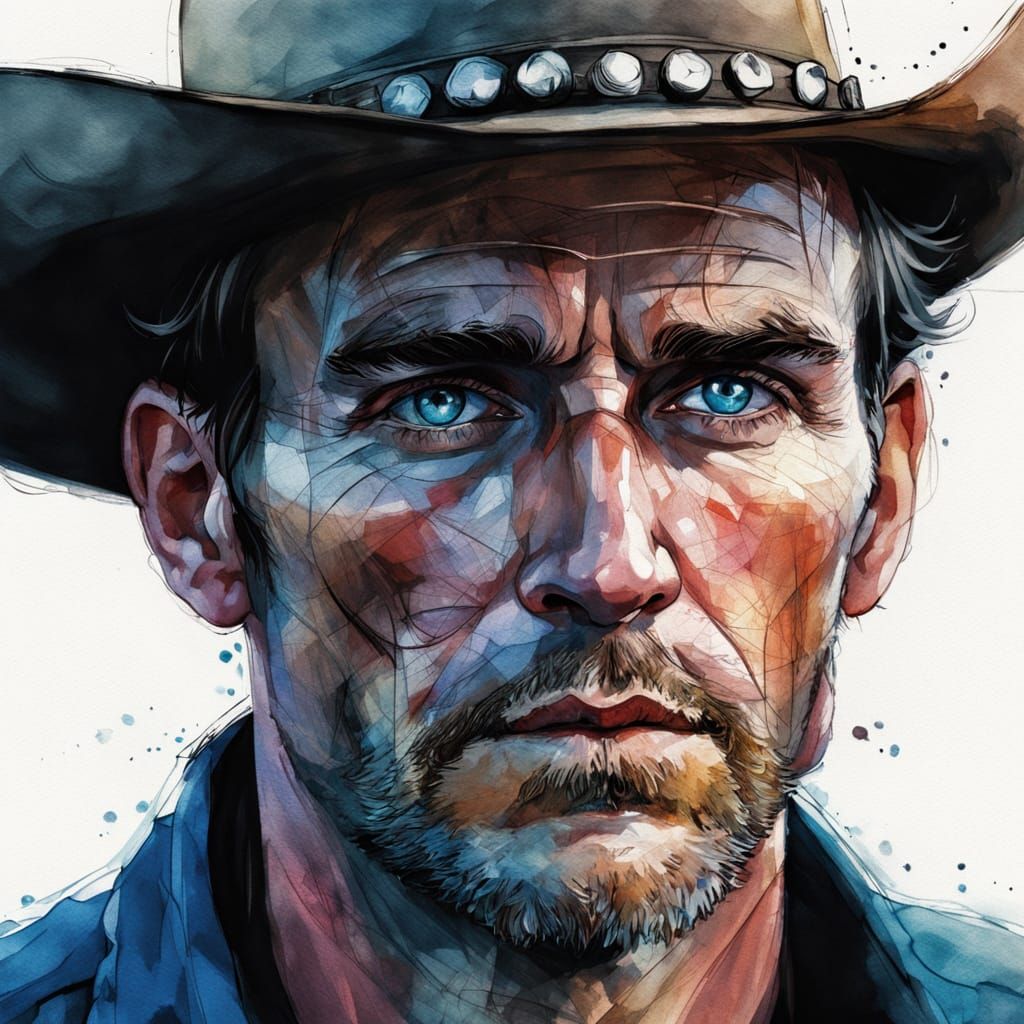 Rugged Cowboy Portrait with Icy Blue Eyes