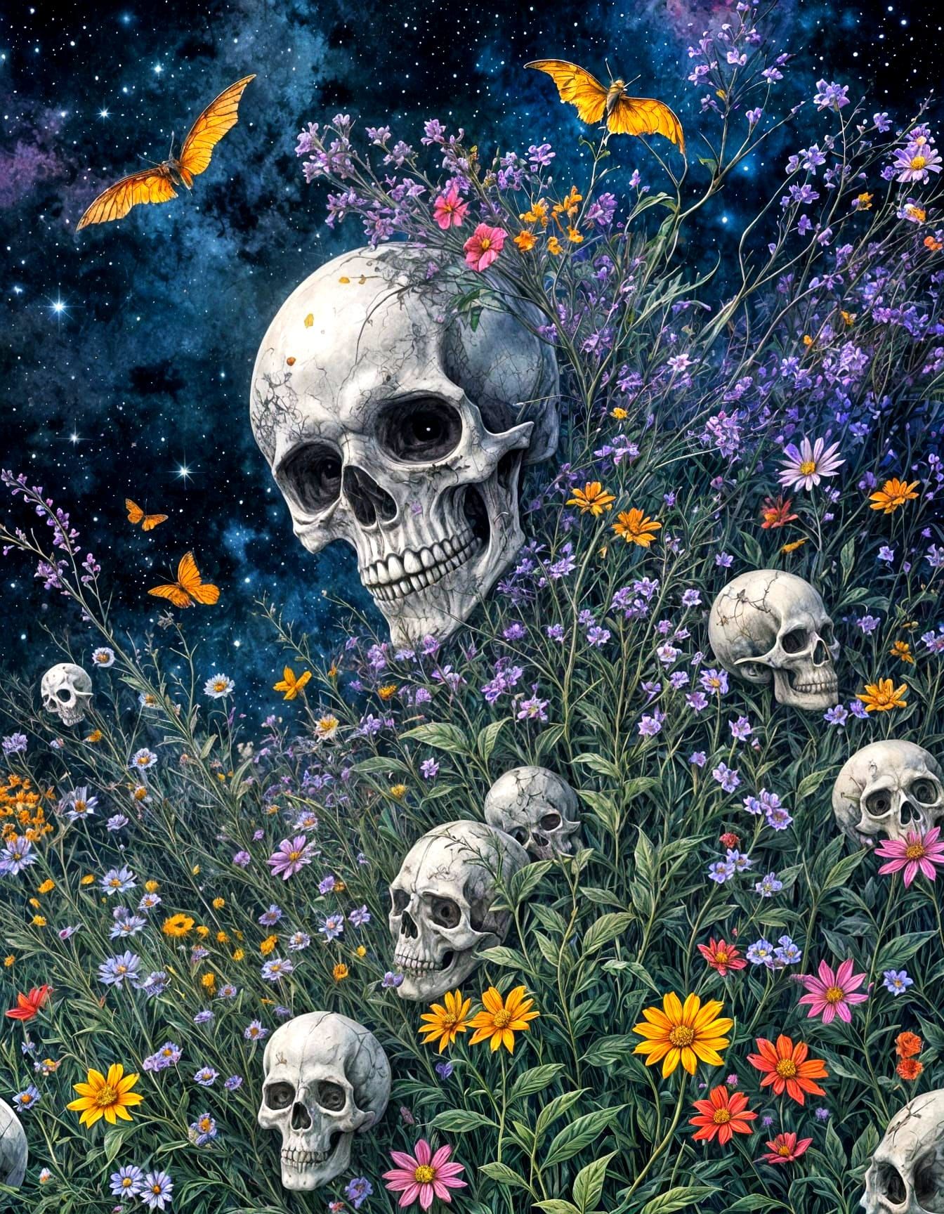 Skull Nightshade Field: Anime Realism in Watercolor