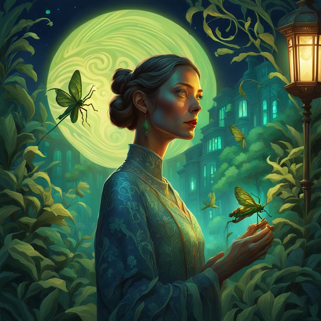 Grasshopper Woman in Moonlit Garden, Greg Rutkowski Style