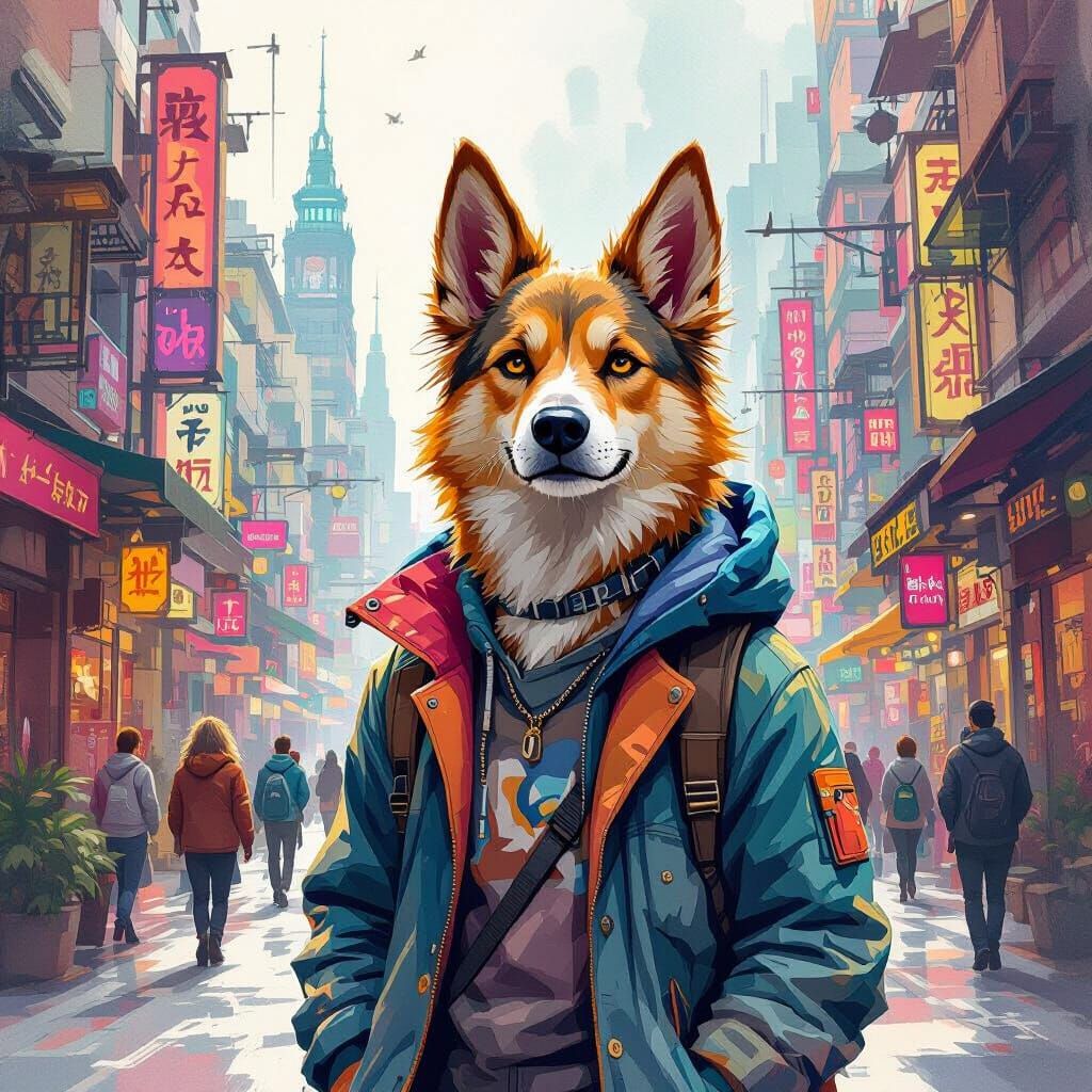 Dog People in a Fantastical Cityscape