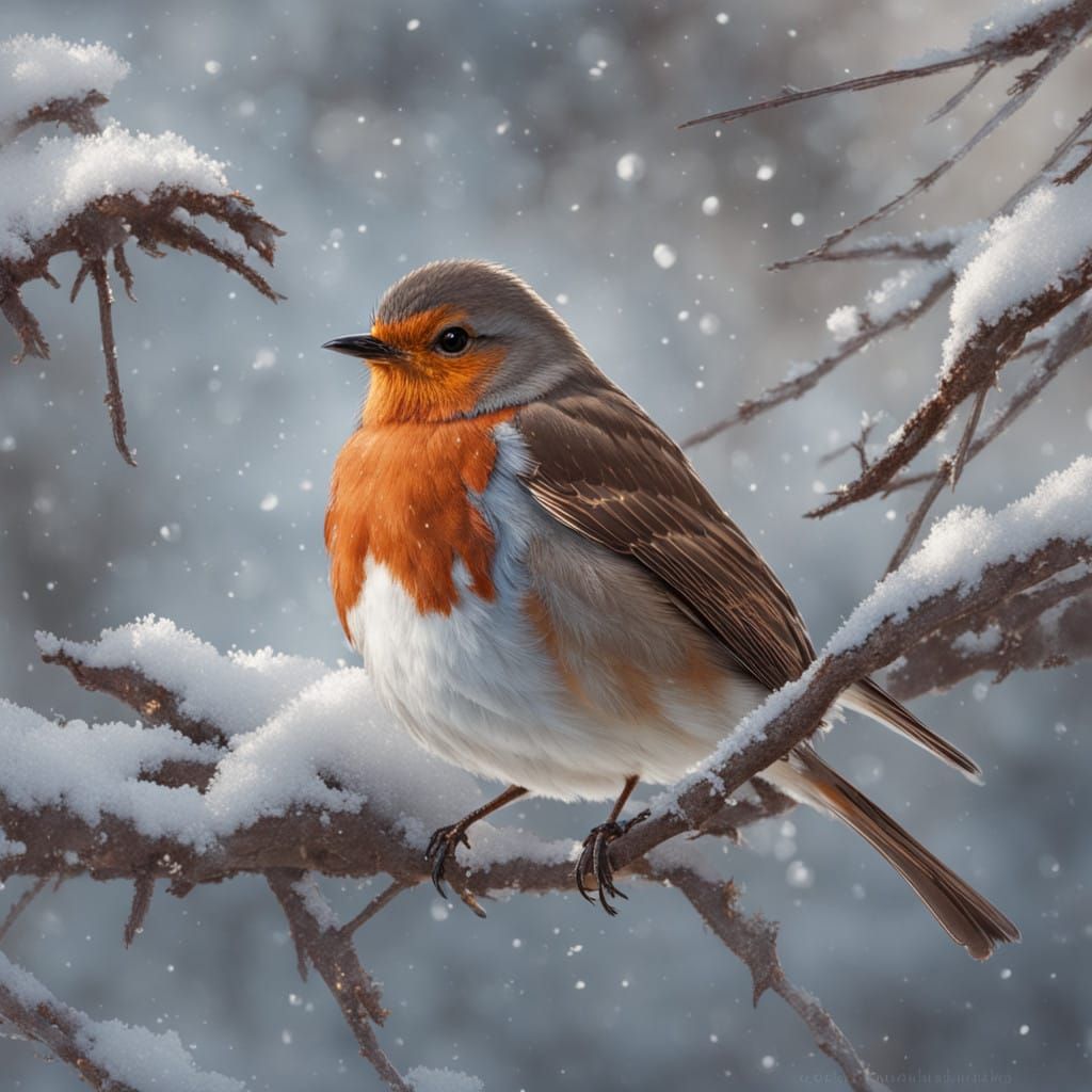 Majestic Winter Robin Perches on Snowy Branch