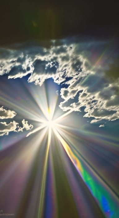 Beams of sunlight filtering through an iridescent cloud